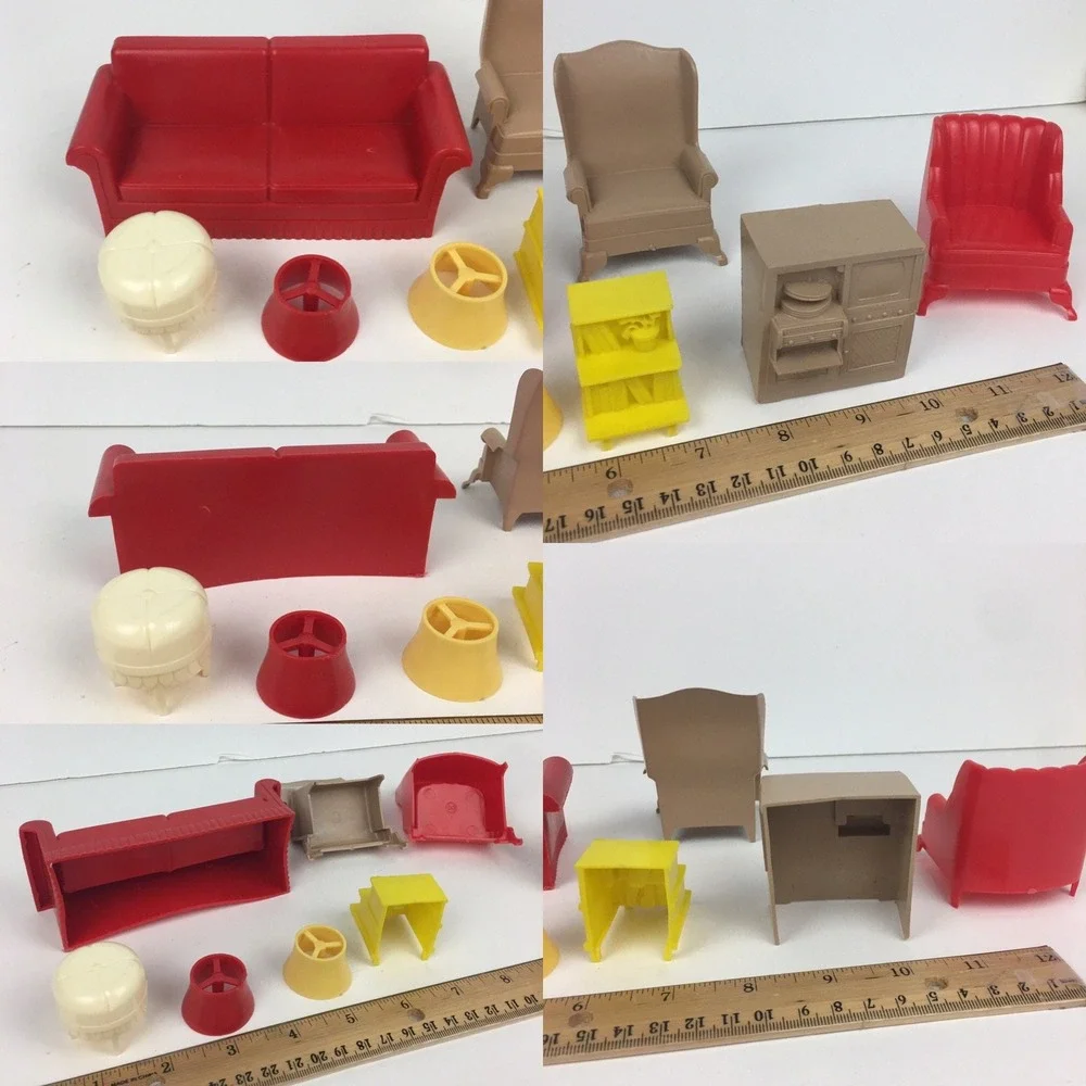 Marx Random 19 Vtg Plastic Mini Doll Furniture Bedroom Bathroom‎ Yellow Red Tan